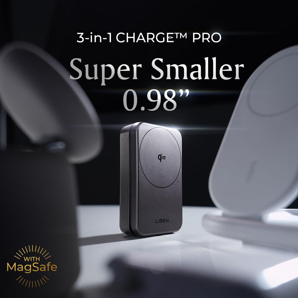 Lisen - Wireless Charger W106 (YL0424120009) - with Wall Charger, MagSafe, Fast Charging, 3in1, Qi2, Foldable, 15W - Gre