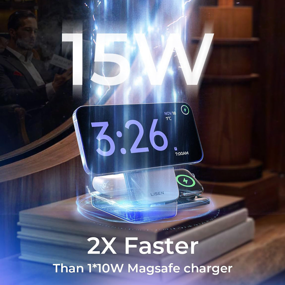 Lisen - Wireless Charger W106 (YL0424120009) - with Wall Charger, MagSafe, Fast Charging, 3in1, Qi2, Foldable, 15W - Gre