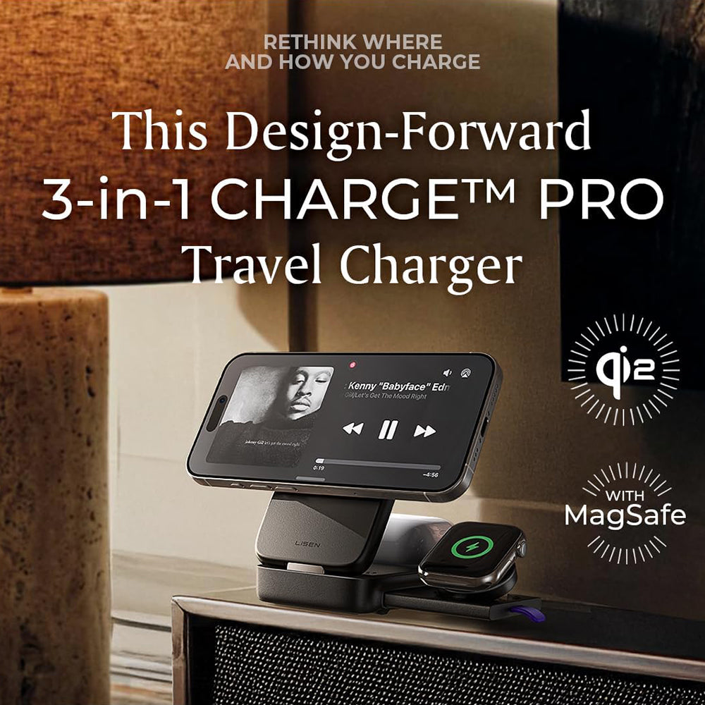 Lisen - Wireless Charger W106 (YL0424120009) - with Wall Charger, MagSafe, Fast Charging, 3in1, Qi2, Foldable, 15W - Gre
