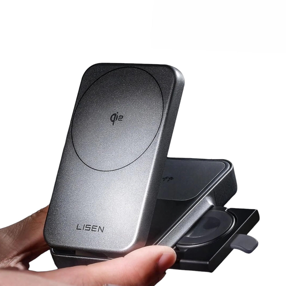 Lisen - Wireless Charger W106 (YL0424120009) - with Wall Charger, MagSafe, Fast Charging, 3in1, Qi2, Foldable, 15W - Gre