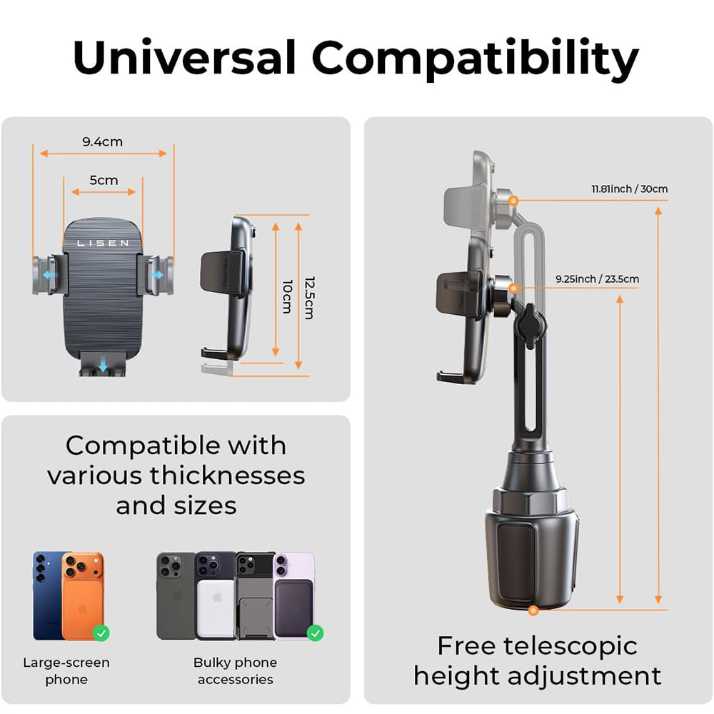 Lisen - Car Holder (YL0223070048) - for Cup Holder, Universal, Adjustable, Anti-Shake, for Phone, Tablet up to 12.9" - B