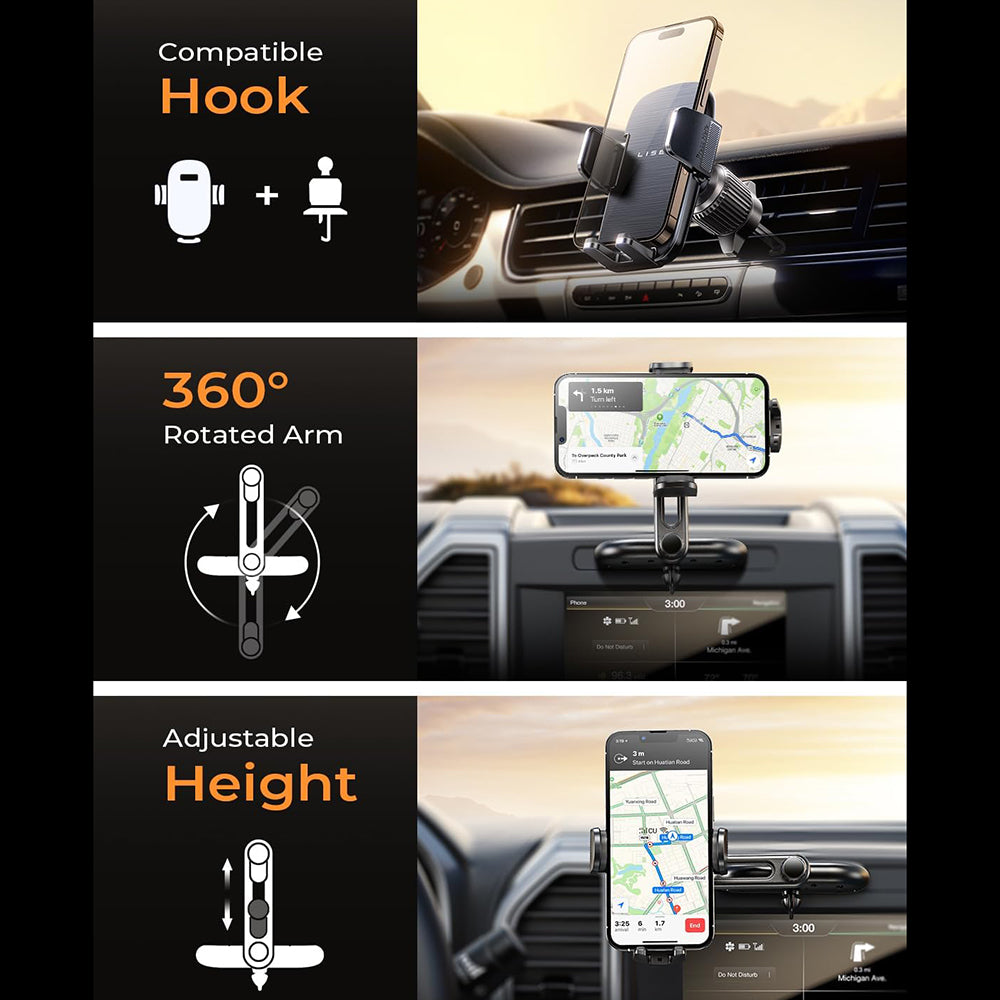 Lisen - Car Holder (YL0222040016) - for Air Vent, CD Slot, 2in1, Universal, Multi-Angle Adjustment, Secure Fit - Black