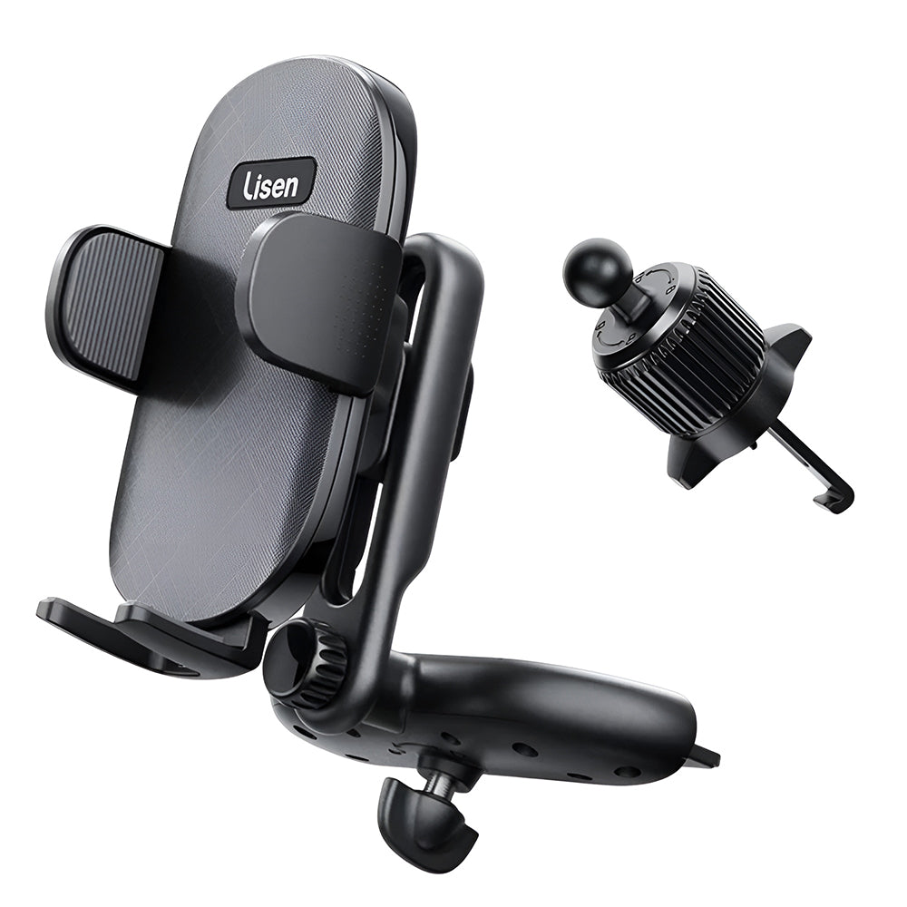 Lisen - Car Holder (YL0222040016) - for Air Vent, CD Slot, 2in1, Universal, Multi-Angle Adjustment, Secure Fit - Black