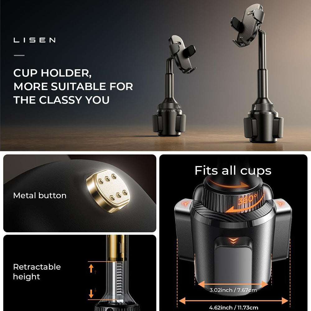 Lisen - Car Holder (YL0220100001) - for Cup Holder, Universal, Multi-Angle Adjustment, Secure Fit, Anti-Shake - Black