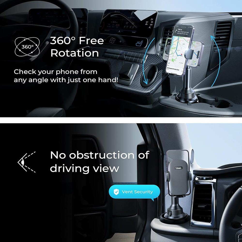 Lisen - Car Holder (YL0220100001) - for Cup Holder, Universal, Multi-Angle Adjustment, Secure Fit, Anti-Shake - Black