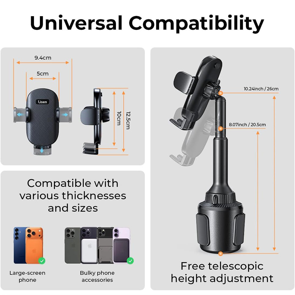 Lisen - Car Holder (YL0220100001) - for Cup Holder, Universal, Multi-Angle Adjustment, Secure Fit, Anti-Shake - Black