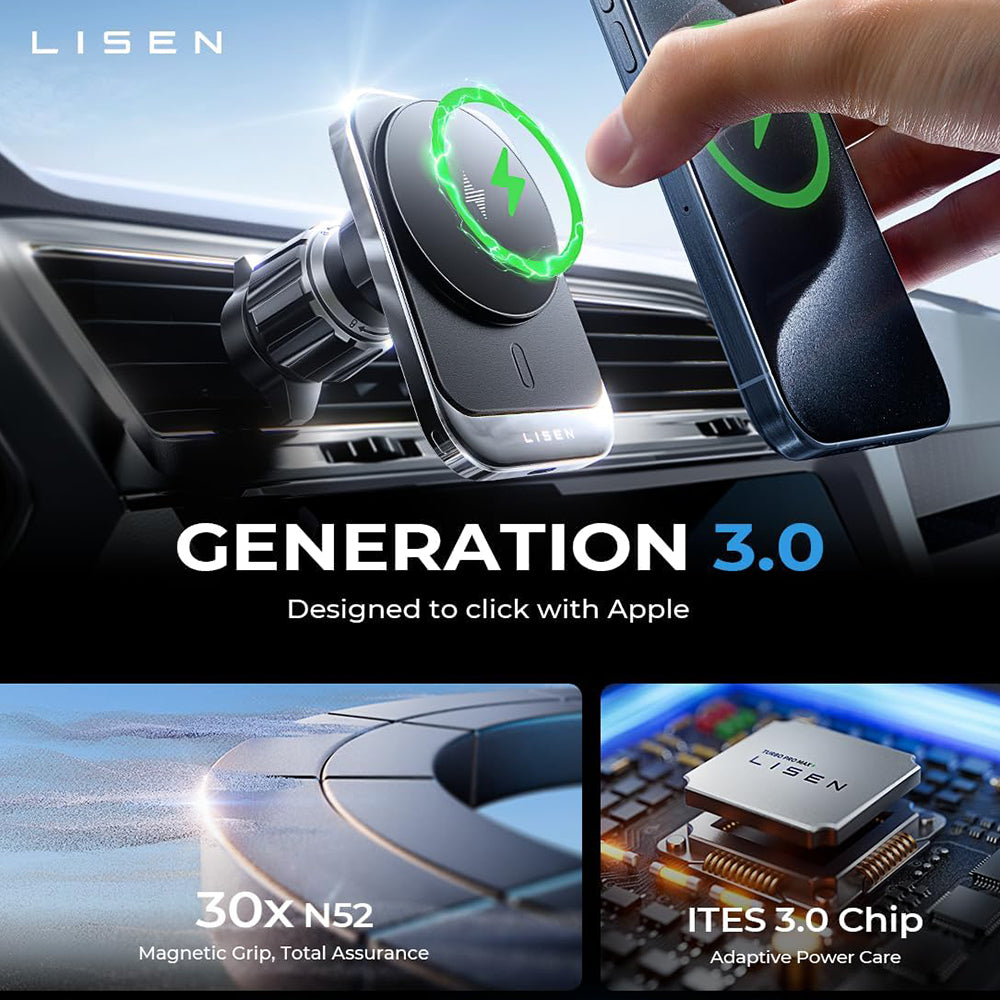 Lisen - Car Holder with Wireless Charging (YL0223070009) - MagSafe, Air Vent, Square Shape, One-Click Release, 15W - Bla