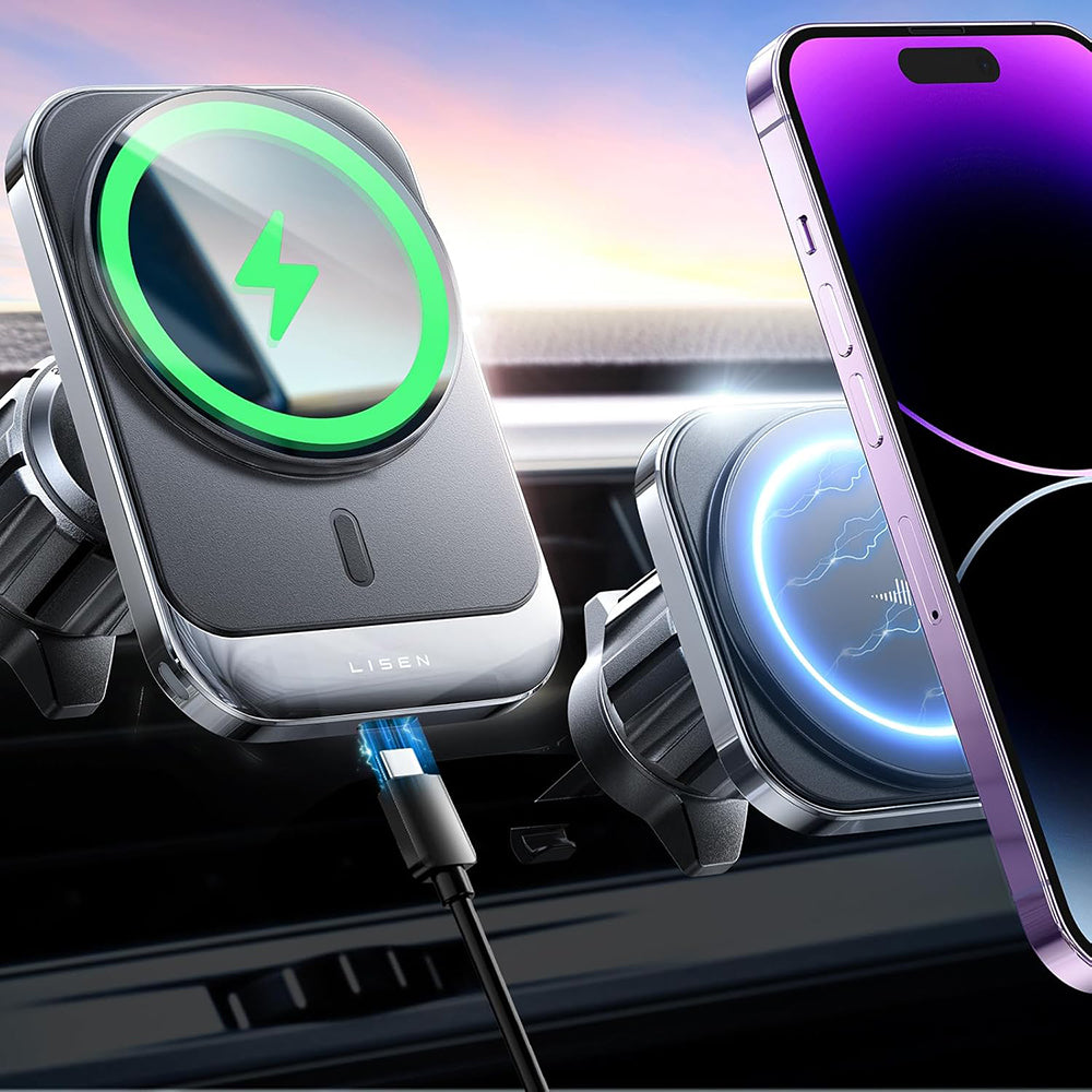 Lisen - Car Holder with Wireless Charging (YL0223070009) - MagSafe, Air Vent, Square Shape, One-Click Release, 15W - Bla