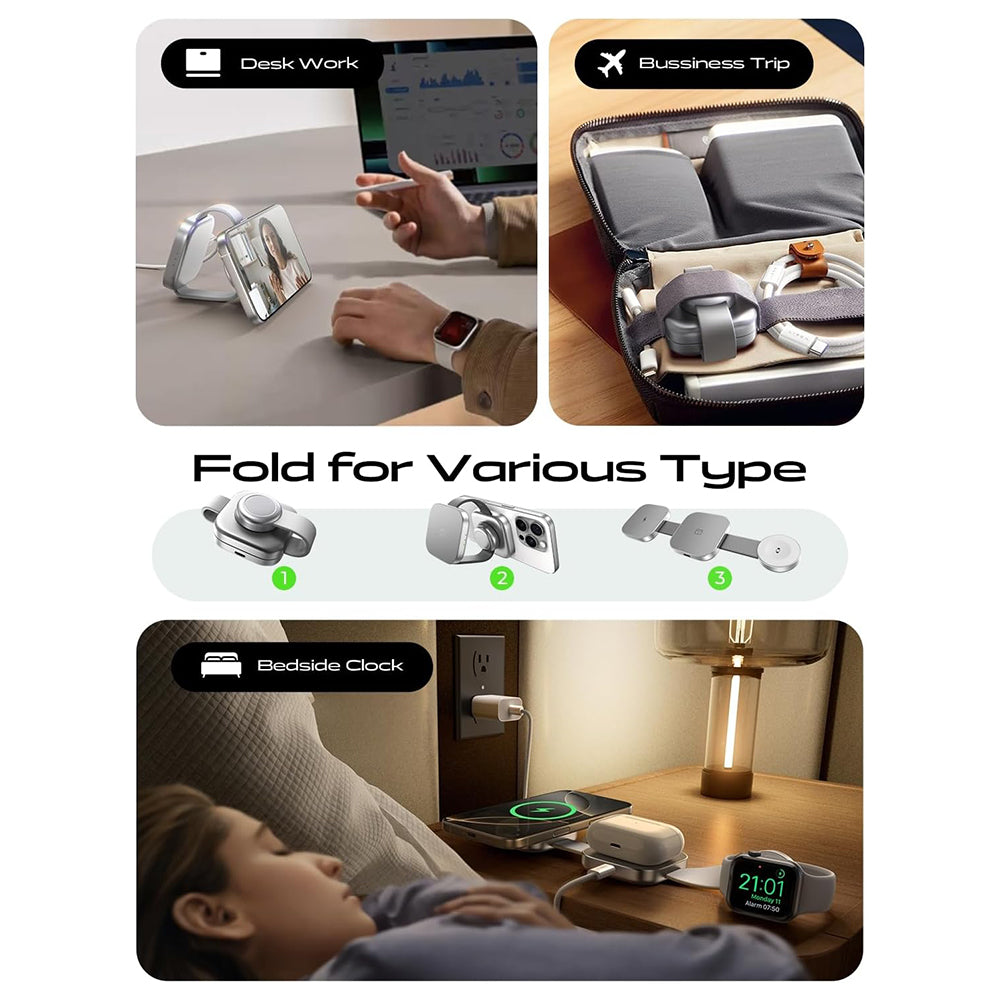 Lisen - Wireless Charging Station 3-in-1 (YL0424040001) - with Wall Charger, Cable, for Phone, Erabuds, Watch, 15W - Gra