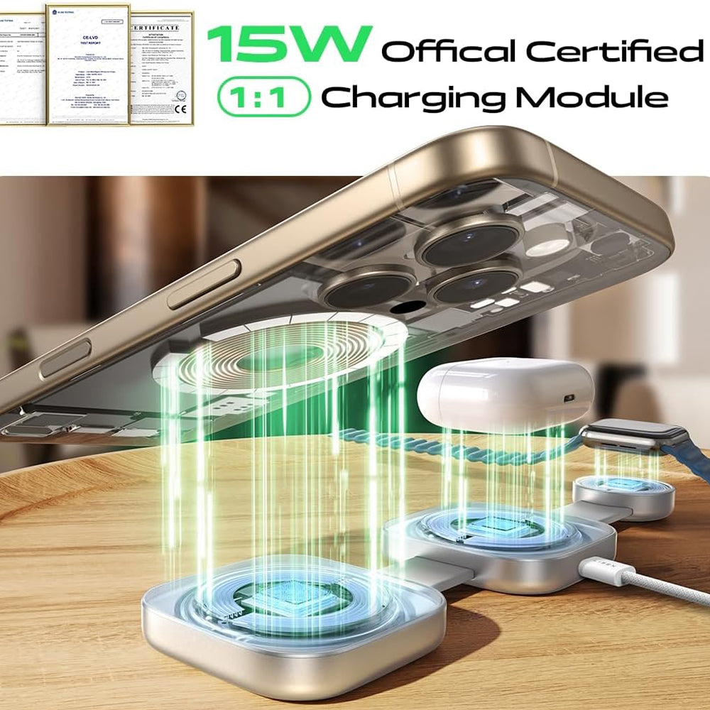 Lisen - Wireless Charging Station 3-in-1 (YL0424040001) - with Wall Charger, Cable, for Phone, Erabuds, Watch, 15W - Gra