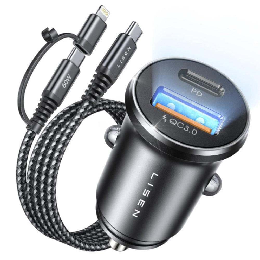Lisen - Car Charger (YL0223080035) - USB, Type-C, with 3in1 Type-C/Lightning to Type-C Cable, 12V/24V - Black