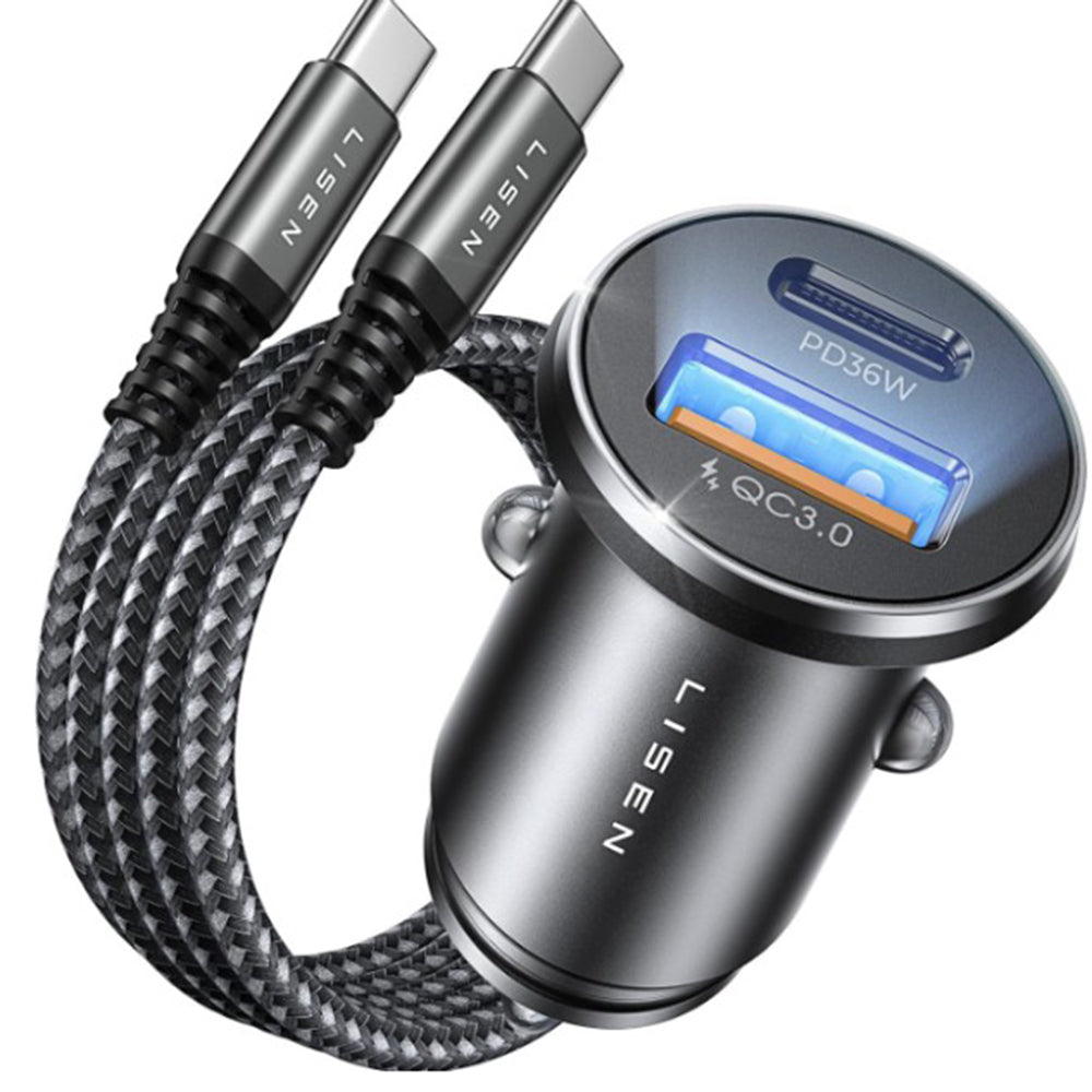 Lisen - Car Charger (YL0223080047) - USB, Type-C, with Type-C Armor Cable, 12V=24V - Black / Navy Blue