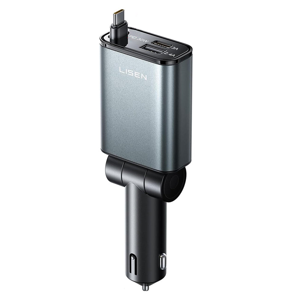 Lisen - Car Charger (YL0325010016) - 3in1, with Type-C Retractable Cable, 57W, Aluminum Alloy, 12V/24V - Black