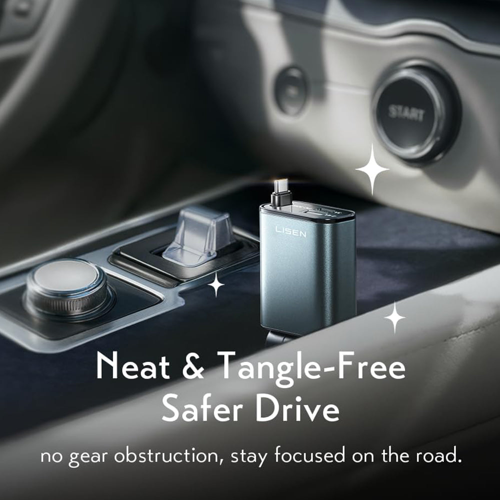 Lisen - Car Charger (YL0325010016) - 3in1, with Type-C Retractable Cable, 57W, Aluminum Alloy, 12V/24V - Black