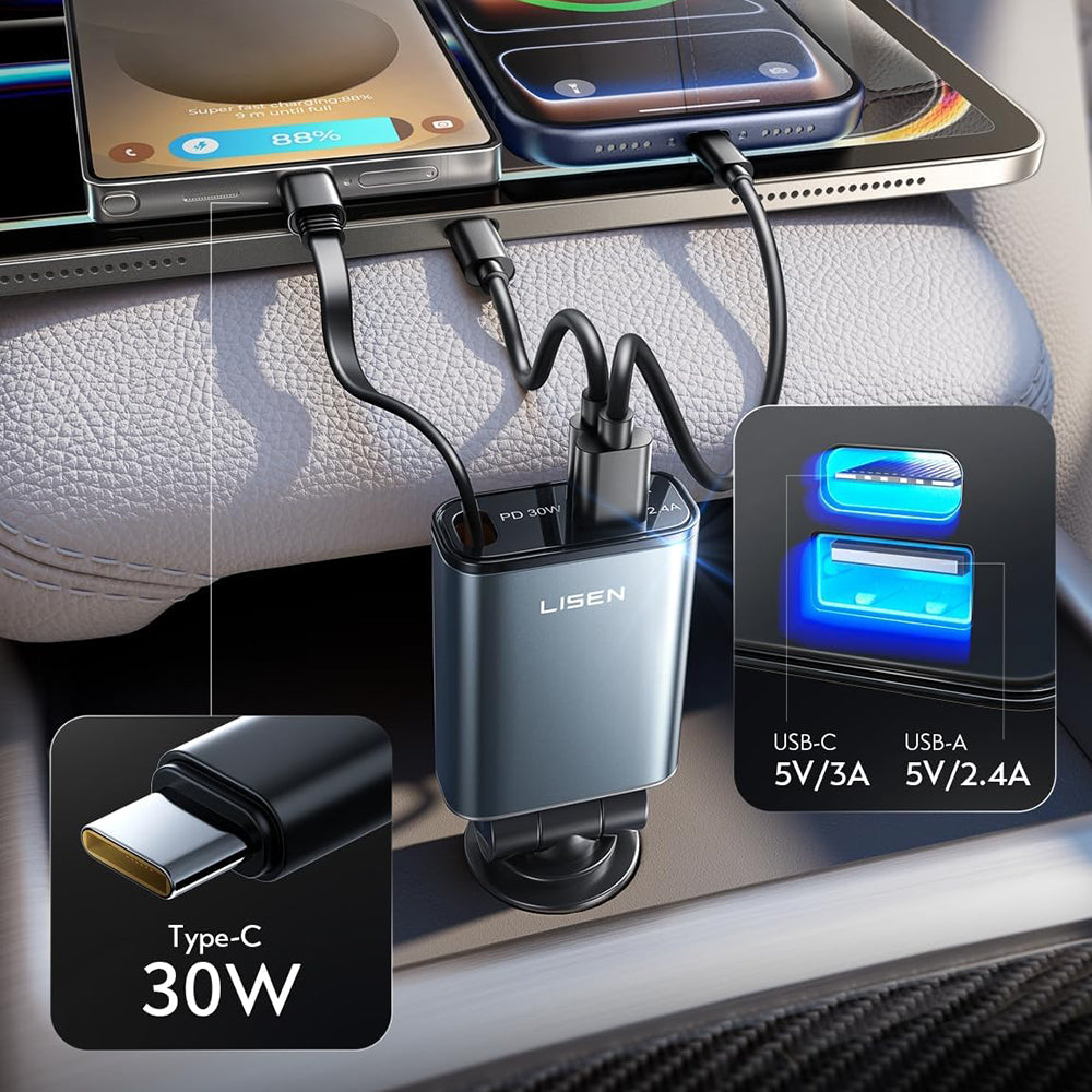 Lisen - Car Charger (YL0325010016) - 3in1, with Type-C Retractable Cable, 57W, Aluminum Alloy, 12V/24V - Black