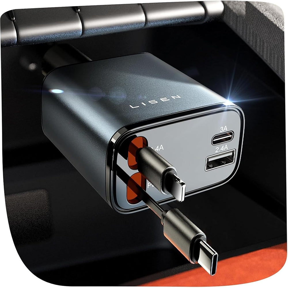 Lisen - Car Charger (YL0224040031) - 4in1, USB, Type-C, with USB-C, Lightning Retractable Cable, Aluminum Alloy - Black