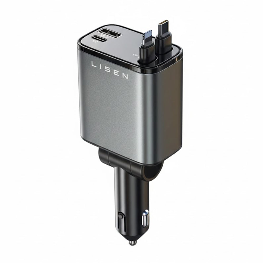 Lisen - Car Charger (YL0224040031) - 4in1, USB, Type-C, with USB-C, Lightning Retractable Cable, Aluminum Alloy - Black