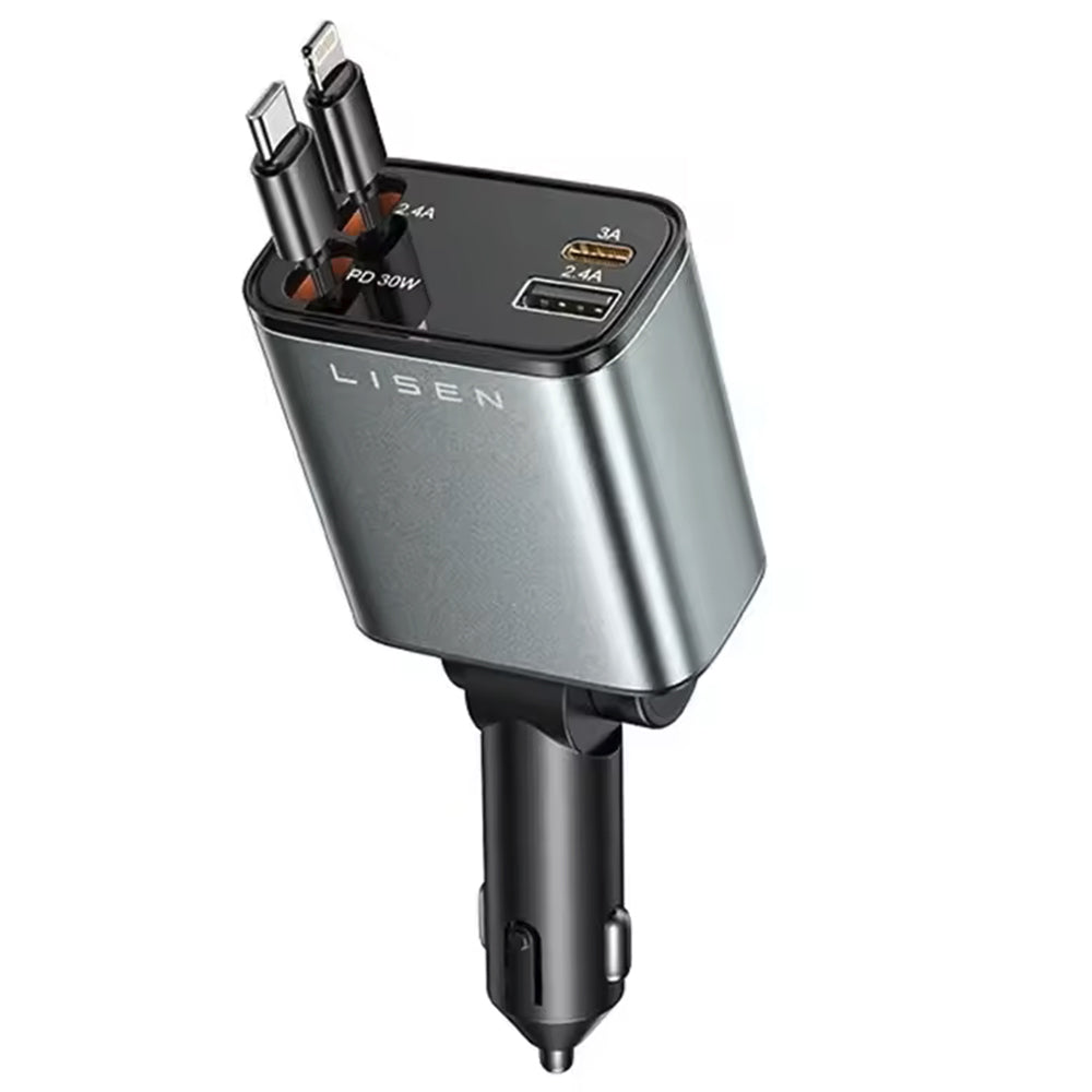 Lisen - Car Charger (YL0224040031) - 4in1, USB, Type-C, with USB-C, Lightning Retractable Cable, Aluminum Alloy - Black