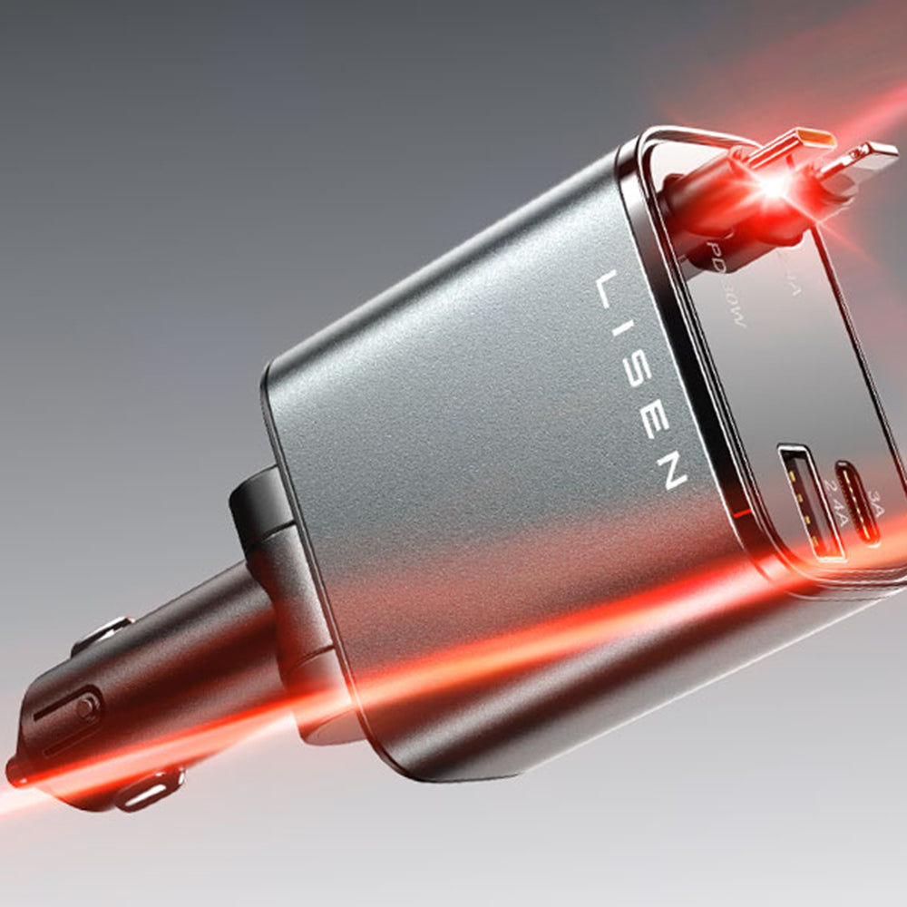Lisen - Car Charger (YL0224040031) - 4in1, USB, Type-C, with USB-C, Lightning Retractable Cable, Aluminum Alloy - Black