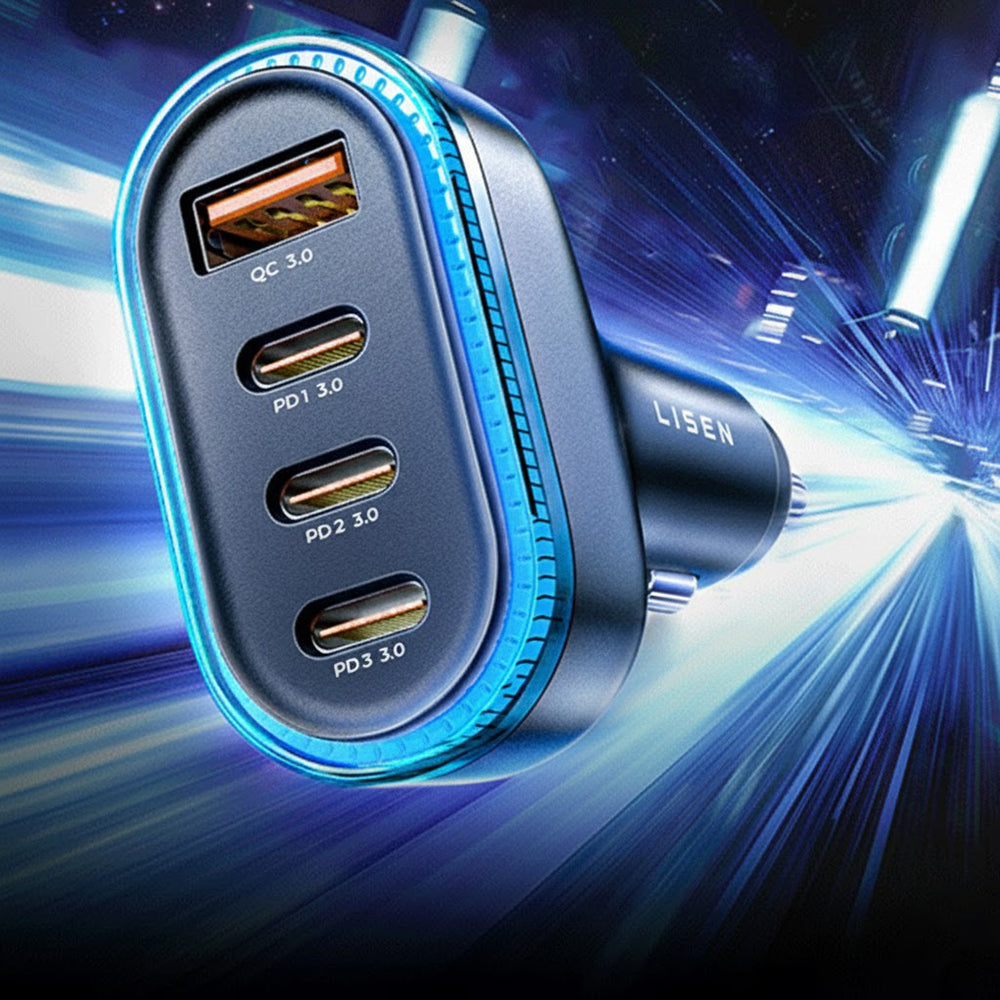 Lisen - Car Charger (YL0223120021) - with Type-C Cable, USB, 3x Type-C, 101W, Fast Charge, 12V=24V - Black