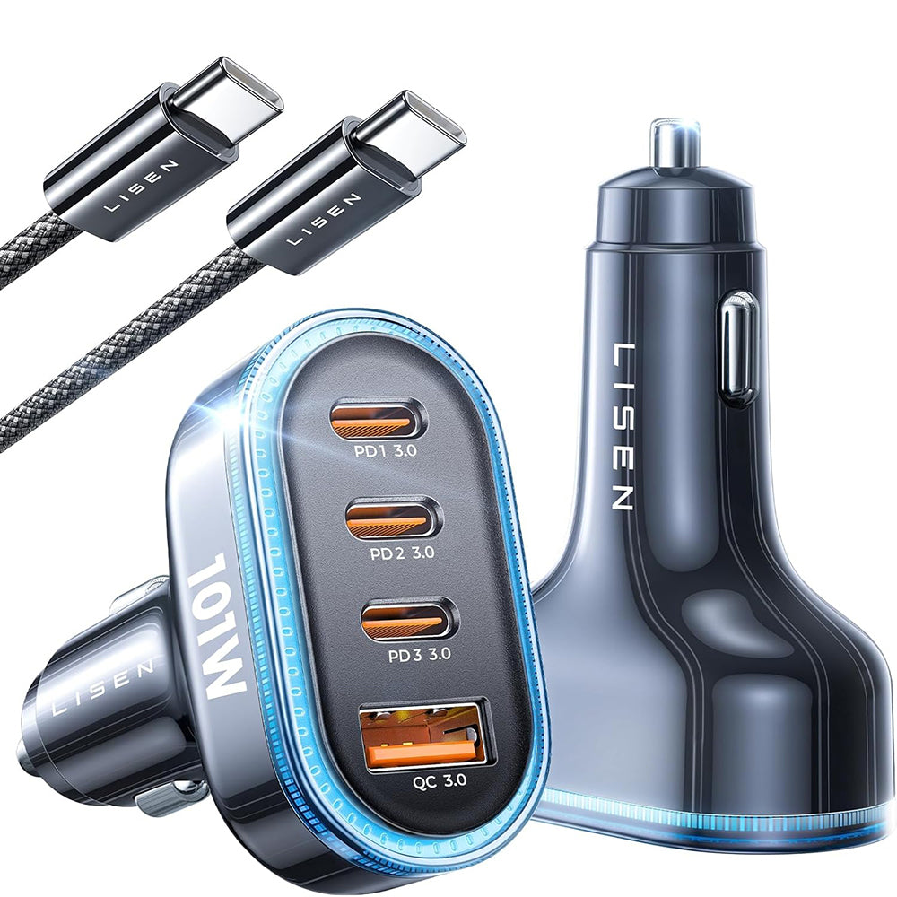 Lisen - Car Charger (YL0223120021) - with Type-C Cable, USB, 3x Type-C, 101W, Fast Charge, 12V=24V - Black