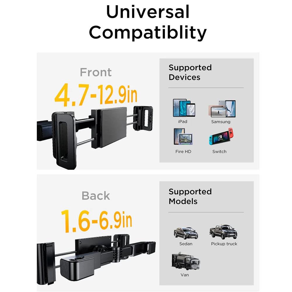Lisen - Car Holder (YL0221030002) - for Phone, Tablet up to 12.9", Headrest Mount, Adjustable, Secure fit - Black