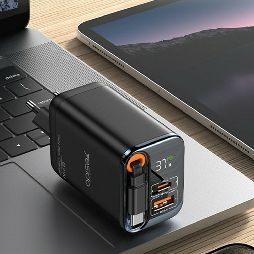 Yesido - Wall Charger (YC100) - USB, Type-C, GaN, Fast Charging, Digital Display, 67W, Retractable Type-C Cable, 65cm - 