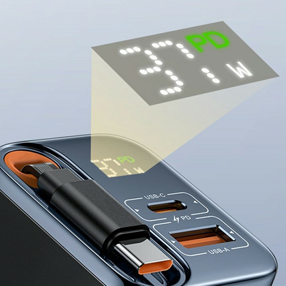 Yesido - Wall Charger (YC100) - USB, Type-C, GaN, Fast Charging, Digital Display, 67W, Retractable Type-C Cable, 65cm - 