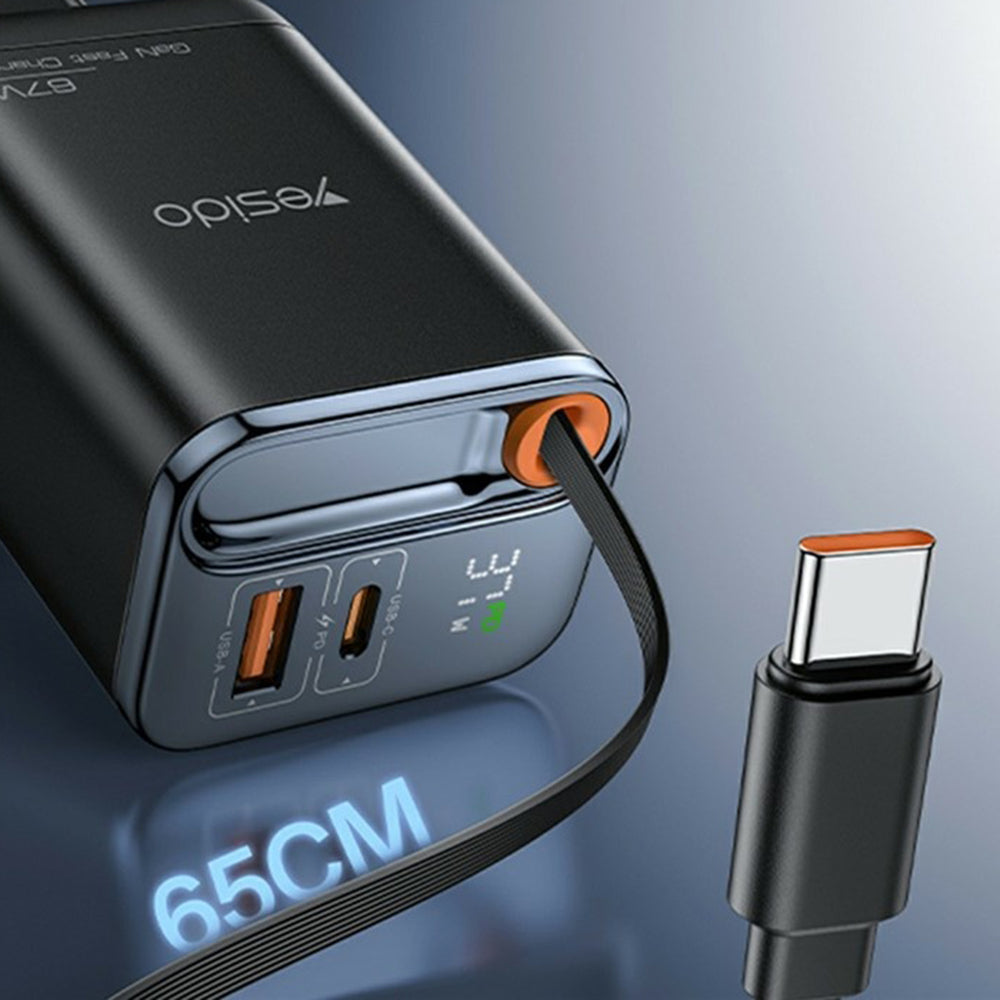 Yesido - Wall Charger (YC100) - USB, Type-C, GaN, Fast Charging, Digital Display, 67W, Retractable Type-C Cable, 65cm - 