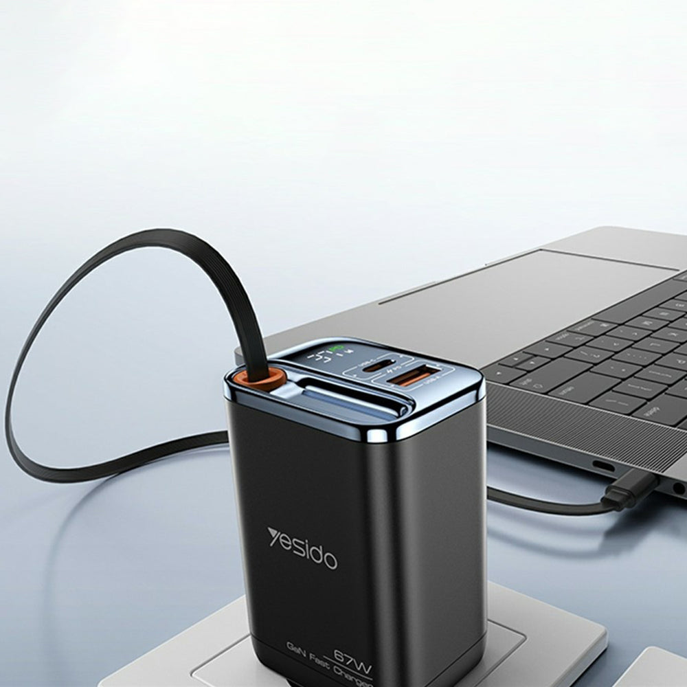 Yesido - Wall Charger (YC100) - USB, Type-C, GaN, Fast Charging, Digital Display, 67W, Retractable Type-C Cable, 65cm - 