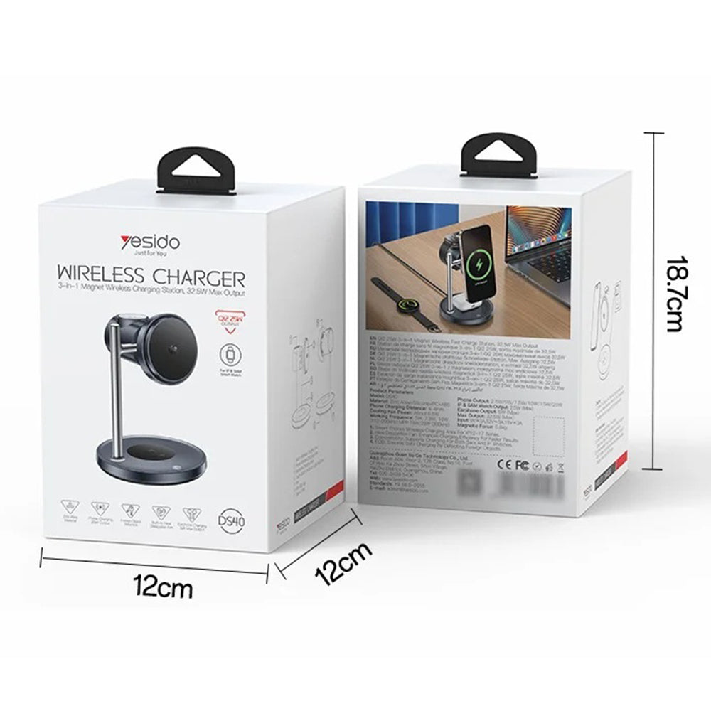 Yesido - Wireless Charging Station 3in1 (DS40) - for Phone, Earphone, Watch with Touch Switch, Fan, Qi2.2, 25W, Type-C C