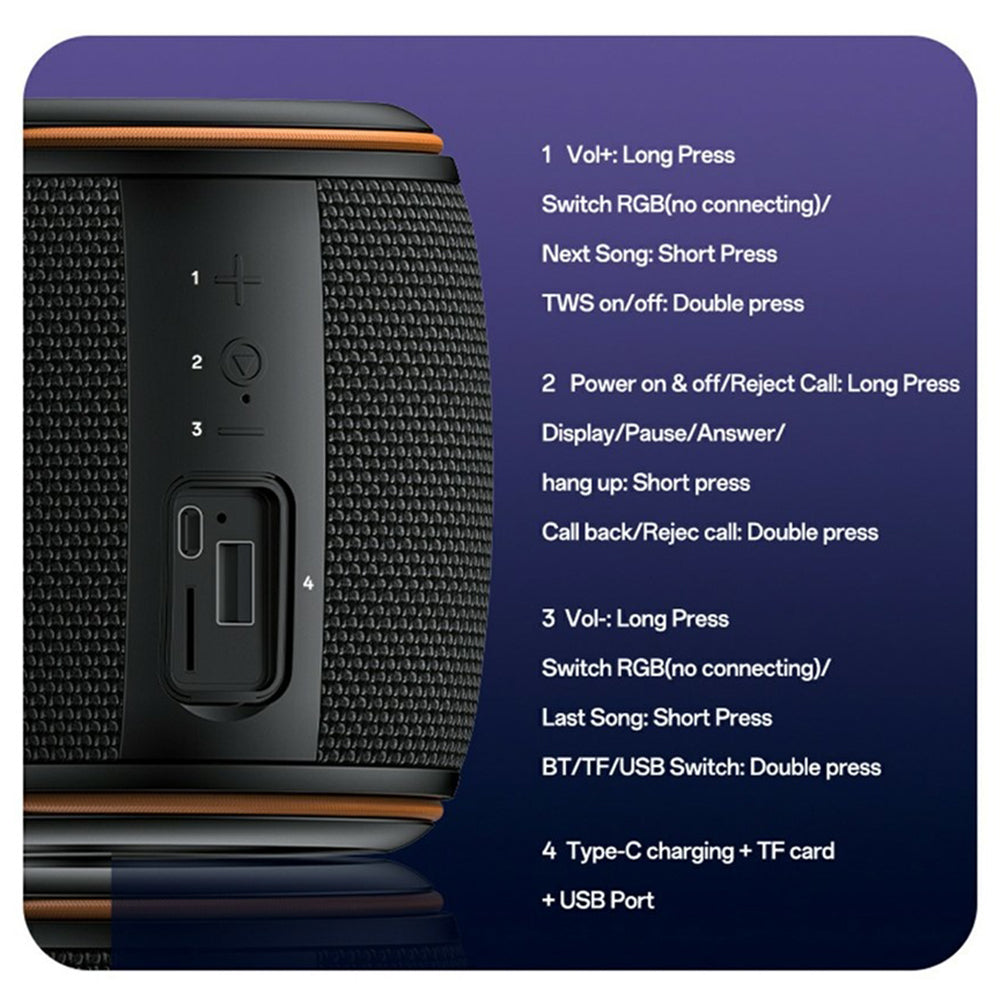 Yesido - Wireless Speaker (YSW40) - Bluetooth 5.3, Type-C, TF Card, USB, 1200mAh, 8W - Black