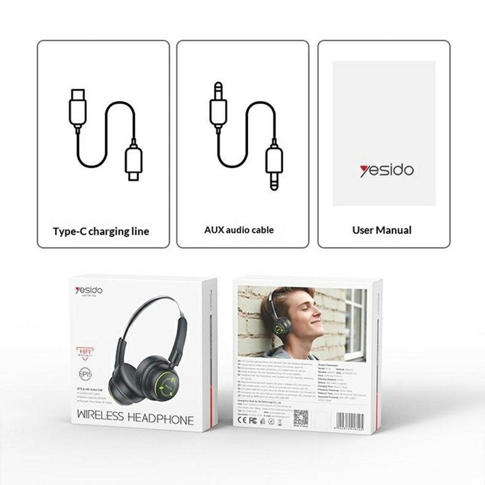 Yesido - Wireless Headphones (EP15) - for Kids, with Bluetooth, 40mm Speakers, 300mAh - Black
