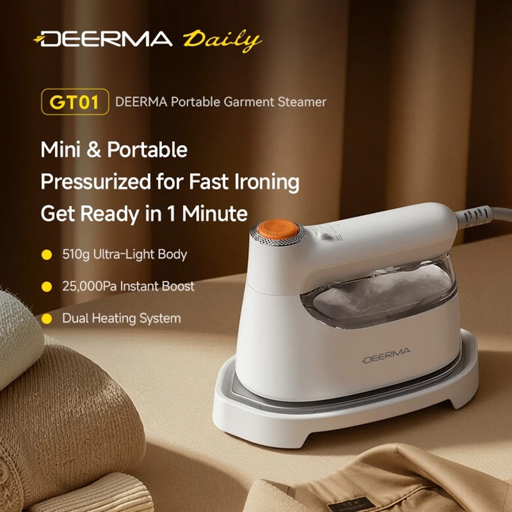 Deerma - Handheld Garment Steamer (GT01) - Portable, 180°C Steam, Ergonomic Handle, 1200W, 25000Pa, Ceramic Panel - Whit
