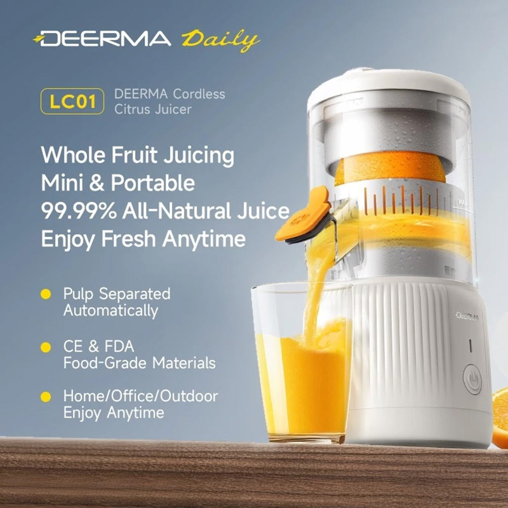 Deerma - Electric Citrus Juicer (LC01) - Cordless, Portable, Automatic Pulp Separation System, 1500mAh, 45W, BPA-Free - 
