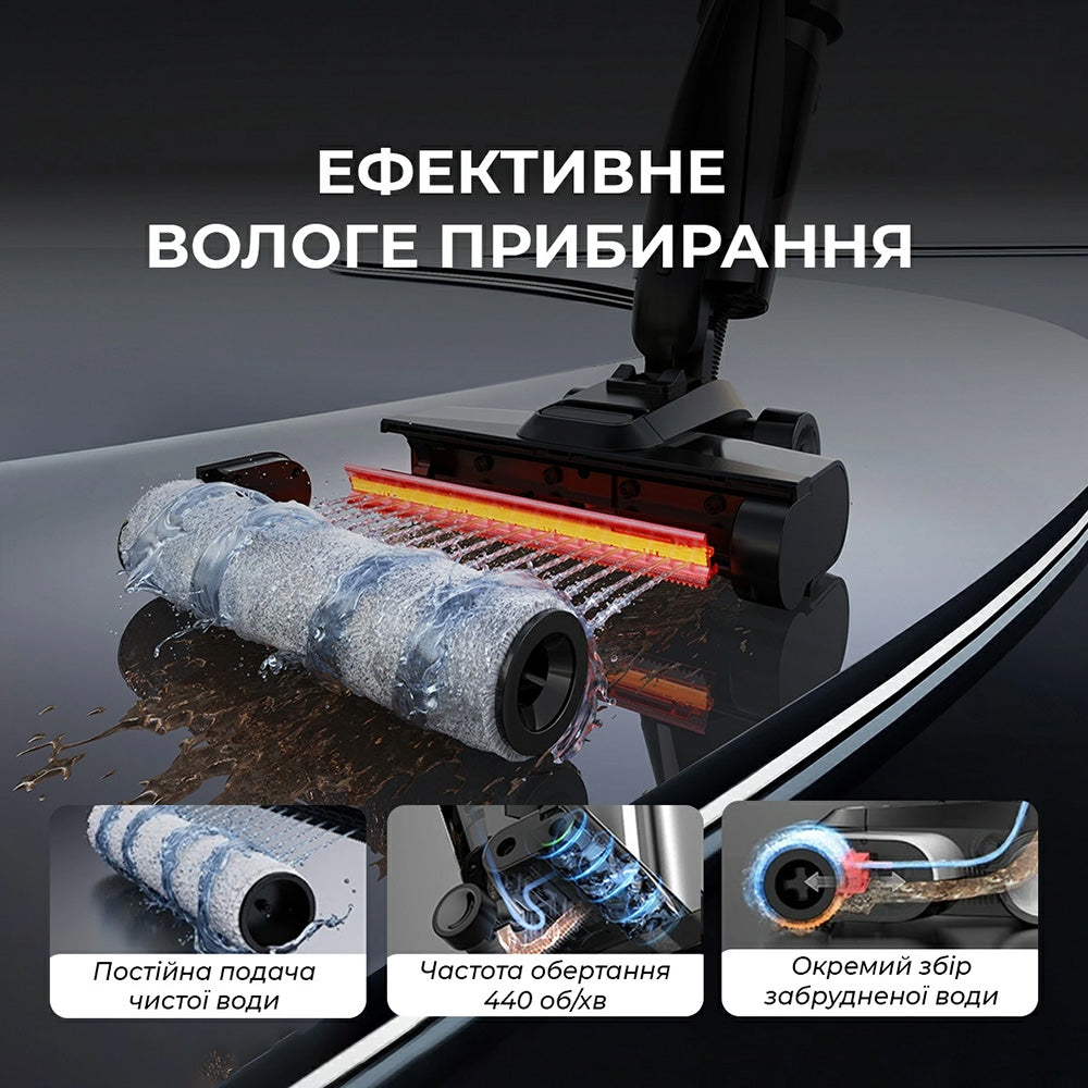 Deerma - Cordless Vacuum Cleaner (VX100 Ultra) - Dry & Wet Cleaning, 20000Pa, 300W, Auto Brush Wash, 4000mAh, IPX6 - Bla