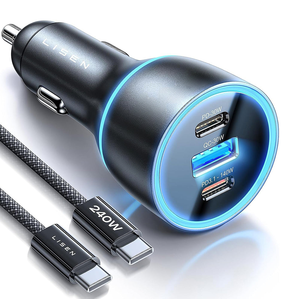 Lisen - Car Charger (YL0225060006) - with Type-C Cable, USB, 2x Type-C, 170W, GaN, Fast Charge, 12V/24V, 2m - Black