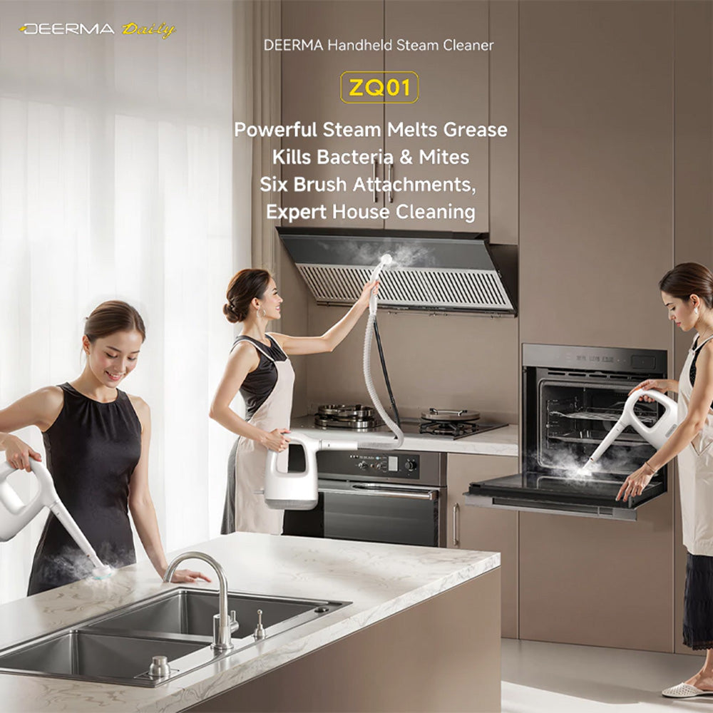Deerma - Handheld Steam Cleaner (ZQ01) - Eliminates Bacteria 99,99%, 1300W, 100°, 36g/min Steam Flow, Brush Attachments 