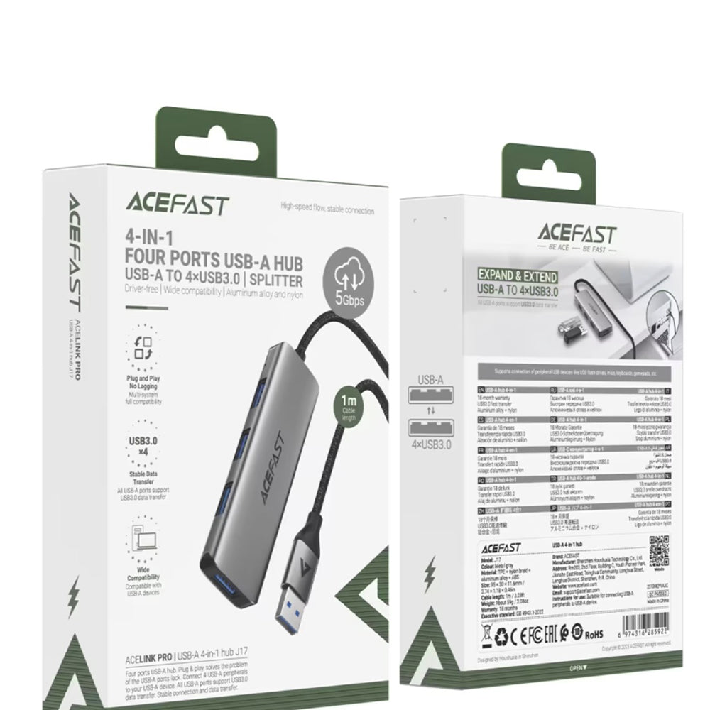 Acefast Hub/Dock Acefast Hub 4 in 1 (J17), 4 x USB3.0, 5Gbps, Plug & Play, Aluminum Alloy, 5V/3A, USB Cable, 1m, Metal G