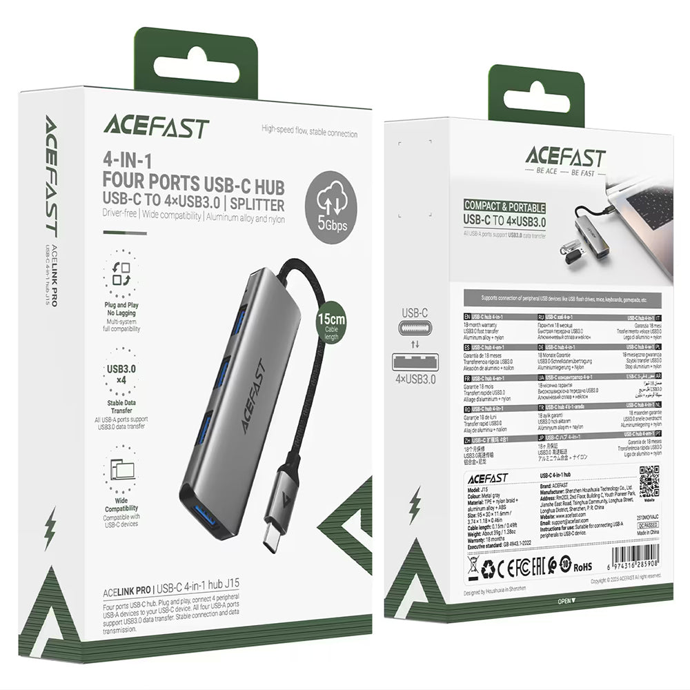 Acefast Hub/Dock Acefast Hub 4 in 1 (J15), Type-C to 4x USB3.0, 5Gbps, Plug&Play, Aluminum Alloy, Nylon Braided Cable, M