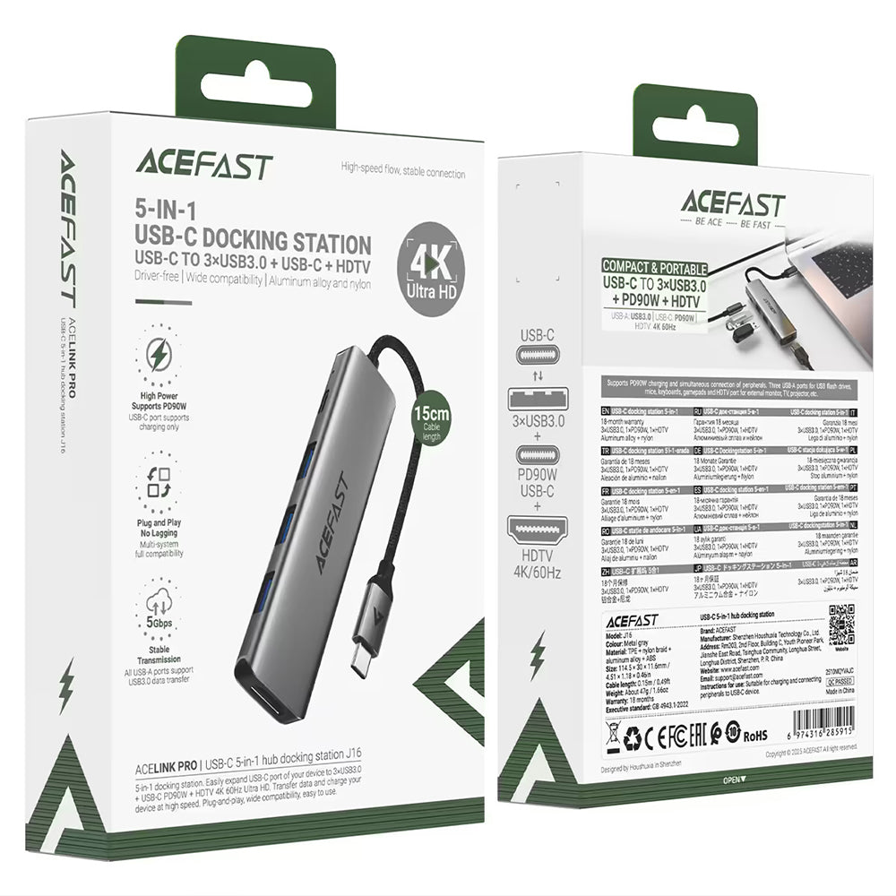 Acefast Hub/Dock Acefast Docking Station 5 in 1 (J16), USB-C to 3x USB3.0, USB-C PD 90W, HDMI 4K@60Hz, Plug&Play, Metal 