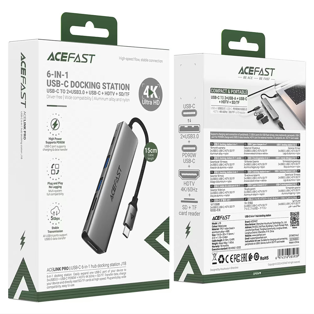 Acefast Hub/Dock Acefast Docking Station 6 in 1 (J18), USB-C to 2x USB3.0, USB-C PD 90W, HDMI 4K, SD/TF Card, Plug&Play,