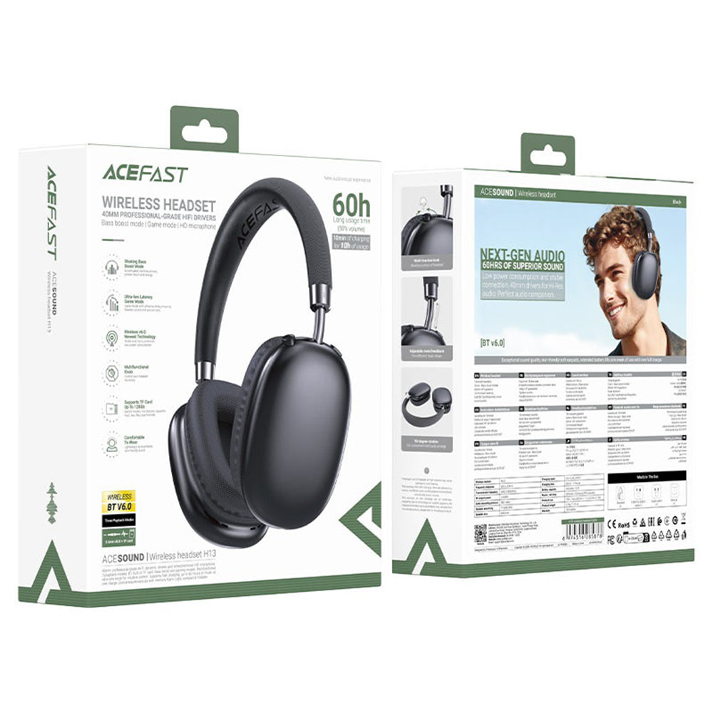 Acefast Casti Acefast Wireless Headset (H13), 40mm Hi-Fi Drivers, BT 6.0, Game Mode, Bass Boost, TF Card, HD Mic, Negru 