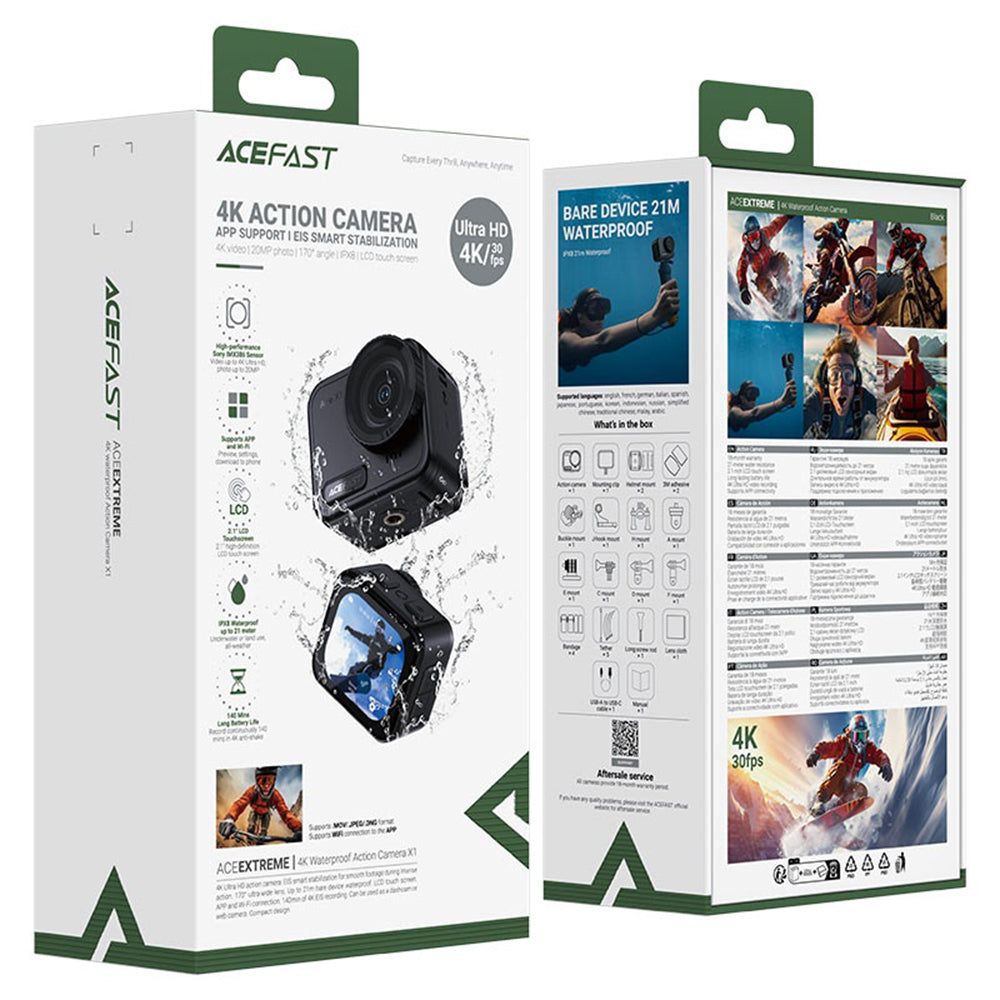 Acefast Suport Acefast Action Camera (X1), 4K, 20MP, Wi-Fi, EIS Stabilization, 2.1” Touchscreen, IPX8 21m Waterproof, Ne