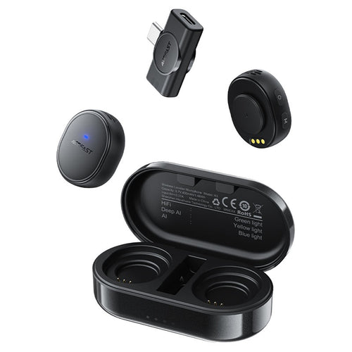 Acefast Casti Acefast Wireless Lavalier Microphones (R3), Dual Mic, Magnetic Clip, AI Noise Reduction, 80m Range, 25ms L