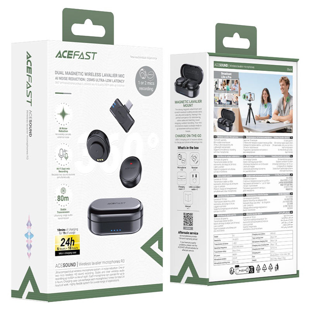 Acefast Casti Acefast Wireless Lavalier Microphones (R3), Dual Mic, Magnetic Clip, AI Noise Reduction, 80m Range, 25ms L