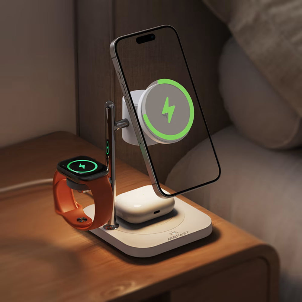 Acefast Incarcator Acefast 3 in 1 Magnetic Wireless (E39), Qi2.2, Phone + Watch + TWS, Night Light, 32.5W, Alb – imagine