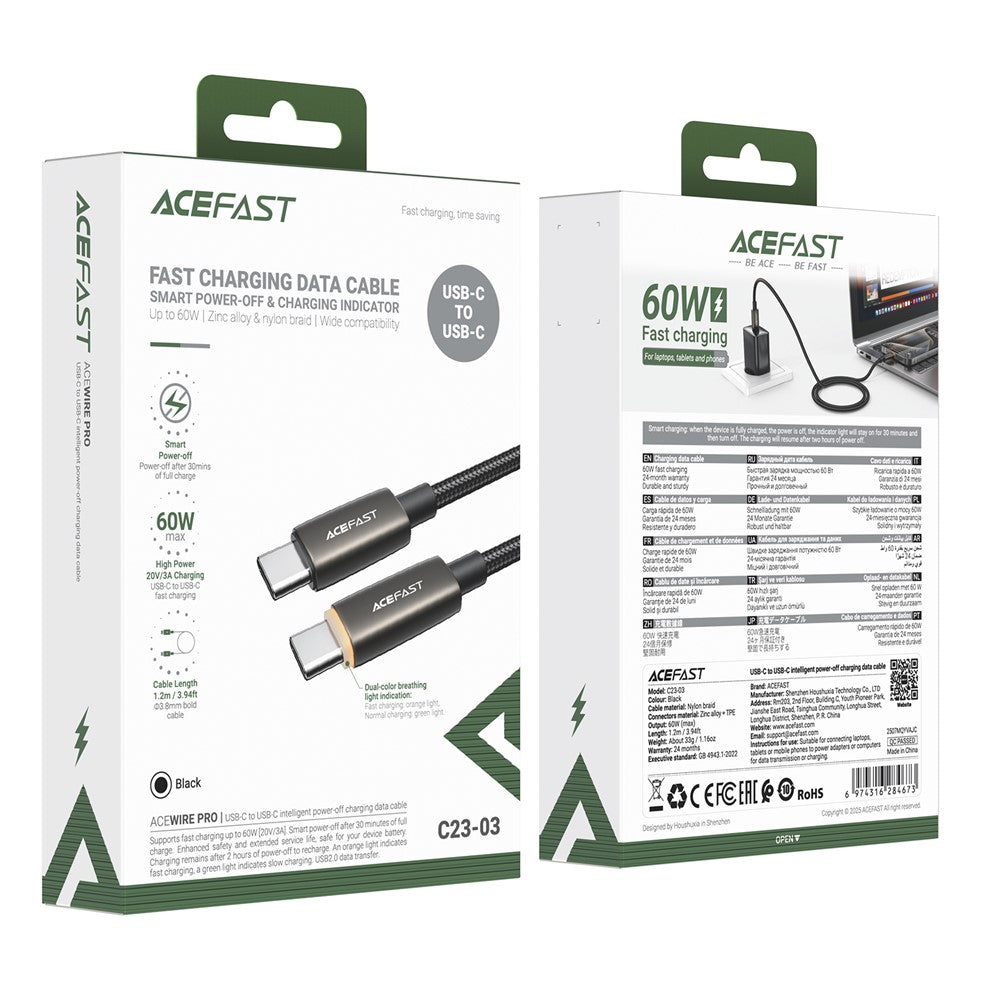 Acefast Cablu Acefast (C23-03), USB-C to USB-C, Smart Power-Off, 60W Fast Charge, Braided cable, 1.2m, Negru – imagine 7