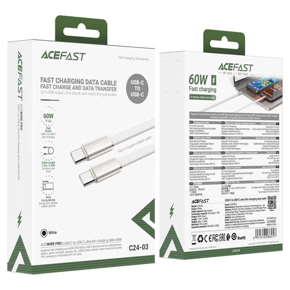 Acefast Cablu Acefast (C24-03), Type-C to Type-C, Fast Charging, 60W, Ultra‑Thin Flat Design, Nylon Braided, 1.2m, Alb –