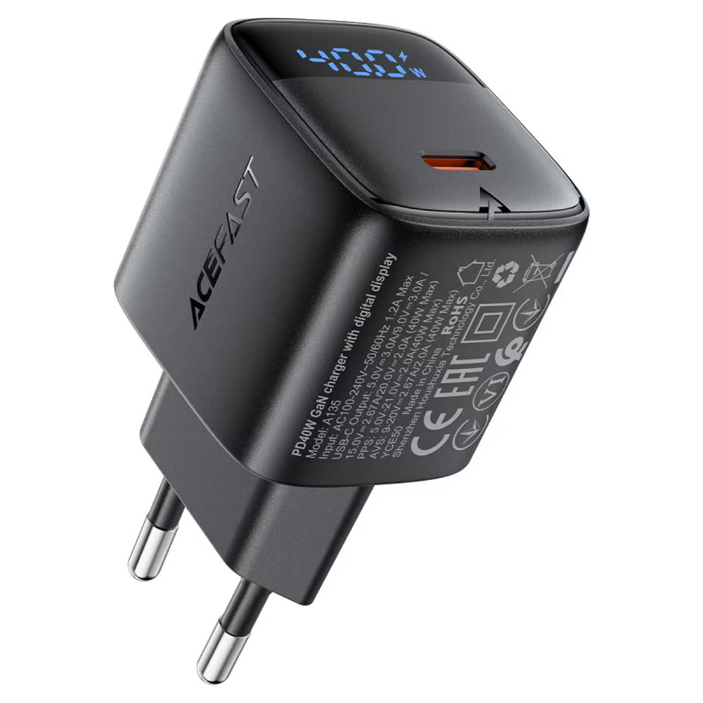 Acefast Incarcator Acefast (A135), Type-C, GaN, Fast Charge, PD45W, LED Display, AC100-240V, 1.2A, 50Hz/60Hz, EU Plug, N